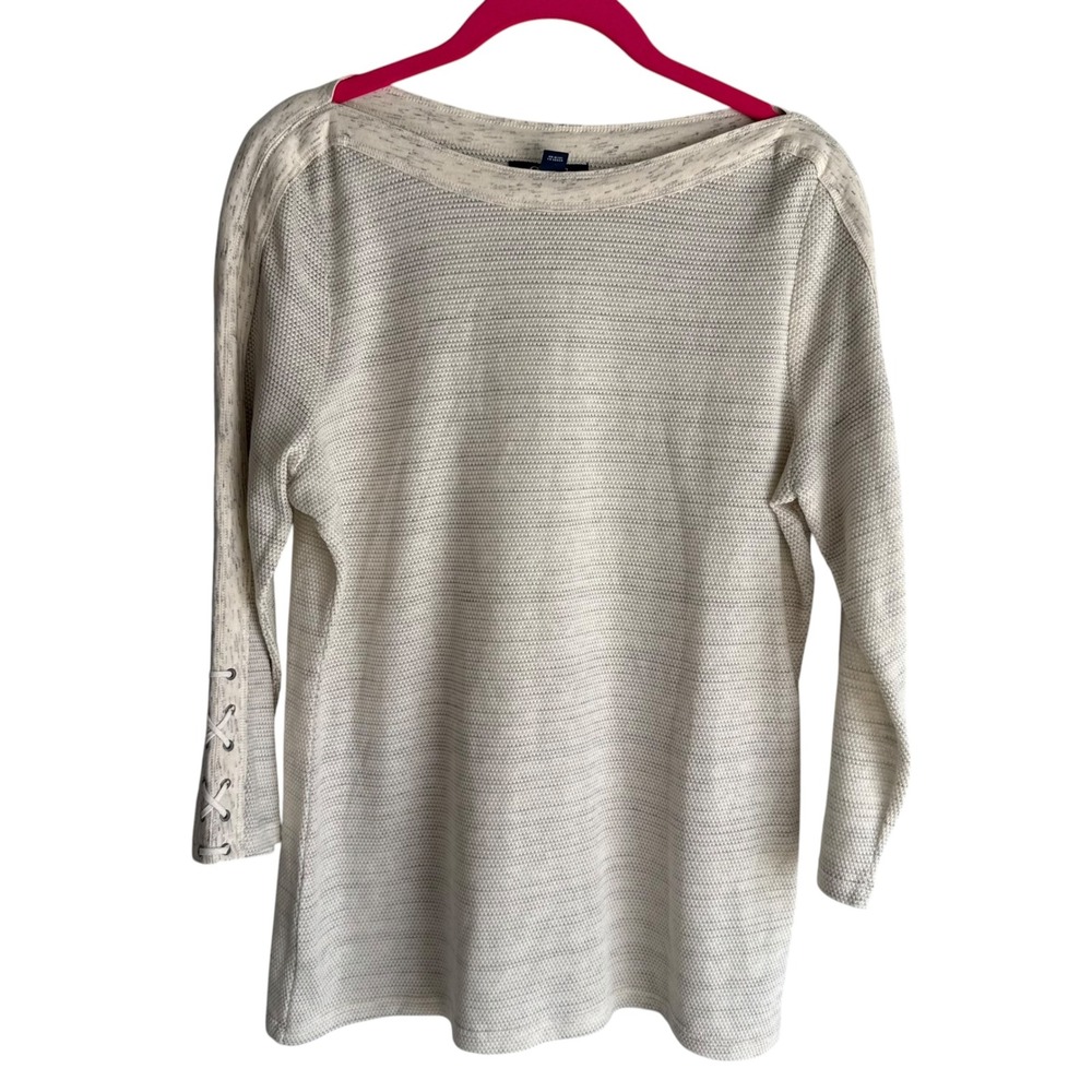 CHAPS Cream Marled Textured Ladies 3/4 Length Sleeve Boatneck Waffle Knit Top, L
